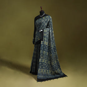 Kutch Hand Block Print Natural Dyed Pure Mul Cotton Ajrakh Saree with Tassels 07