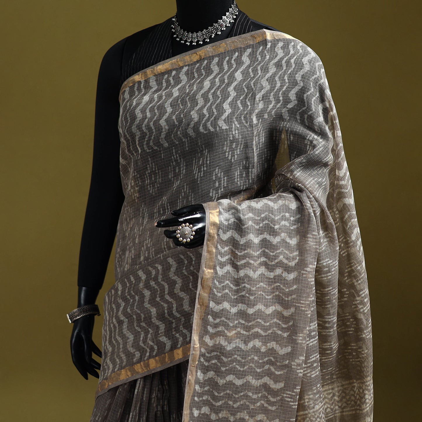 Brown - Batik Hand Block Print Kota Doria Cotton Saree 40