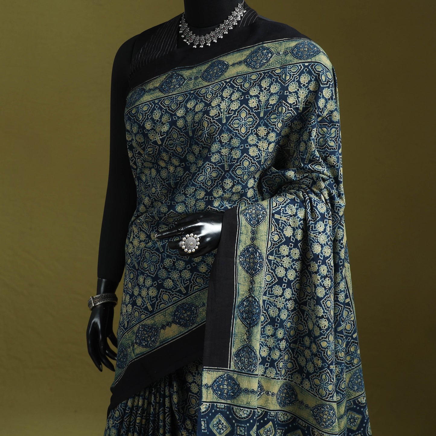 Kutch Hand Block Print Natural Dyed Pure Mul Cotton Ajrakh Saree with Tassels 07