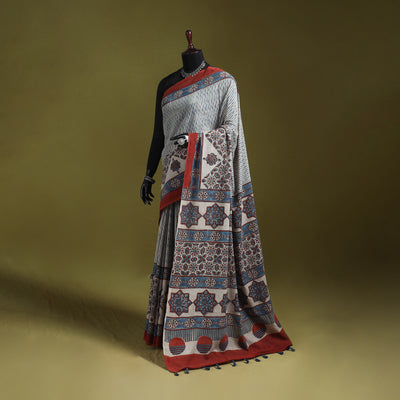 Kutch Hand Block Print Natural Dyed Pure Mul Cotton Ajrakh Saree with Tassels 08