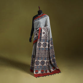 Kutch Hand Block Print Natural Dyed Pure Mul Cotton Ajrakh Saree with Tassels 08