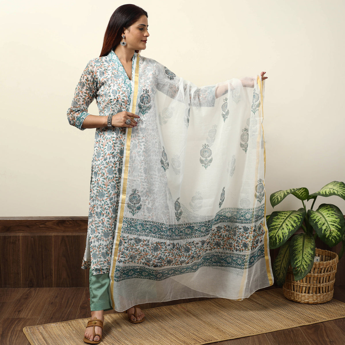 White - Sanganeri Block Printed Kota Doria Kurta with Palazzo & Dupatta Set 13