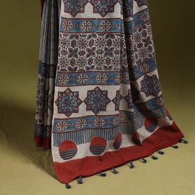 Kutch Hand Block Print Natural Dyed Pure Mul Cotton Ajrakh Saree with Tassels 08
