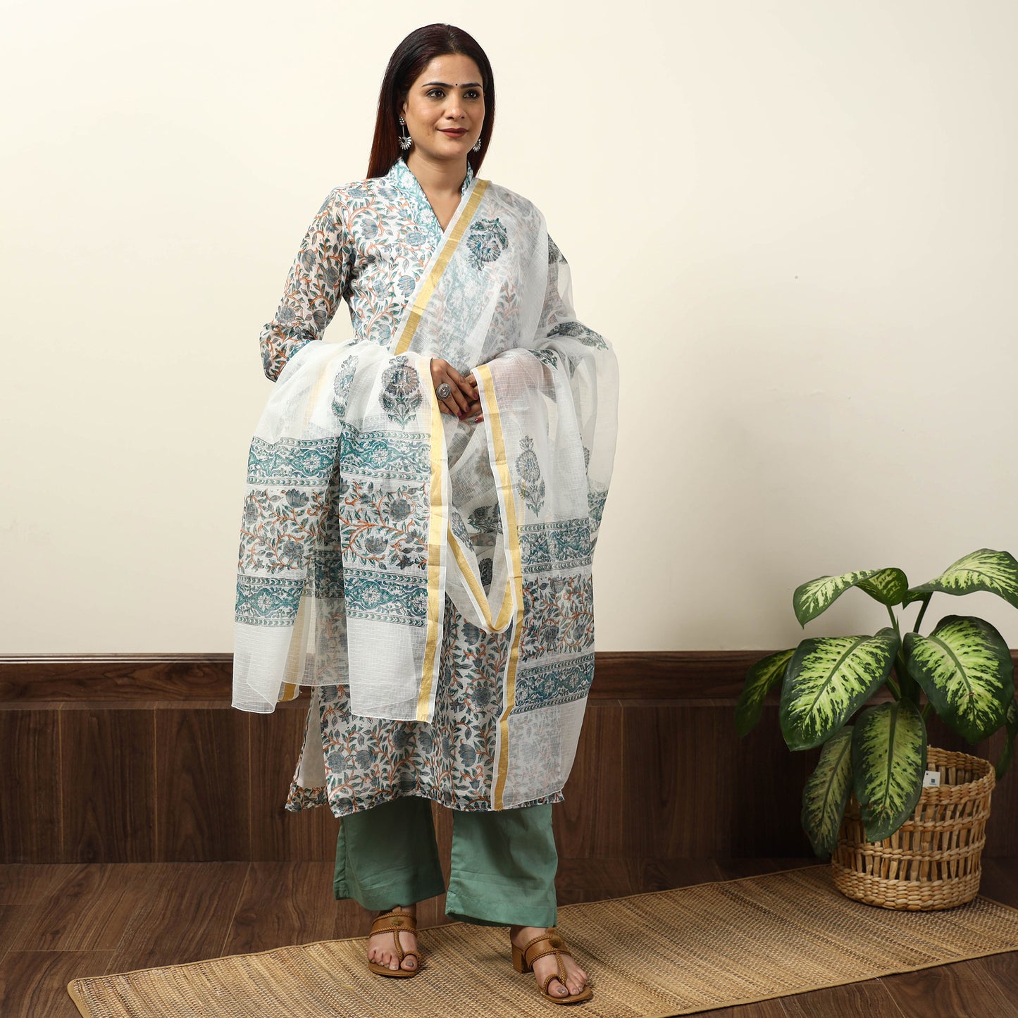 White - Sanganeri Block Printed Kota Doria Kurta with Palazzo & Dupatta Set 13