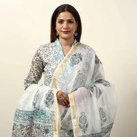 White - Sanganeri Block Printed Kota Doria Kurta with Palazzo & Dupatta Set 13