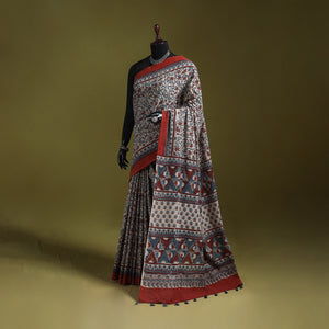 Kutch Hand Block Print Natural Dyed Pure Mul Cotton Ajrakh Saree with Tassels 09