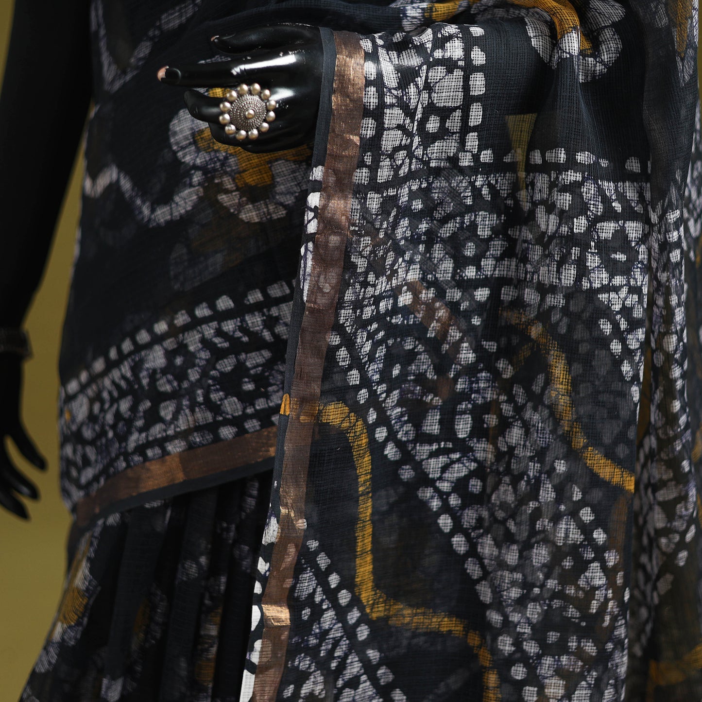 Black - Batik Hand Block Print Kota Doria Cotton Saree 42