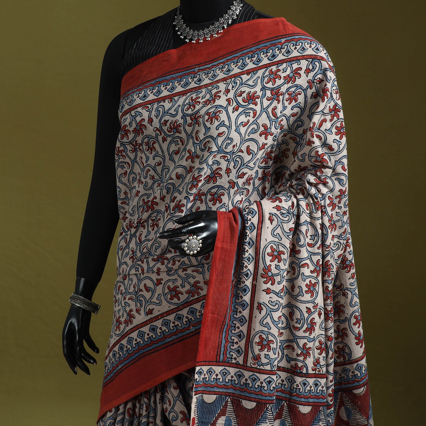 Kutch Hand Block Print Natural Dyed Pure Mul Cotton Ajrakh Saree with Tassels 09