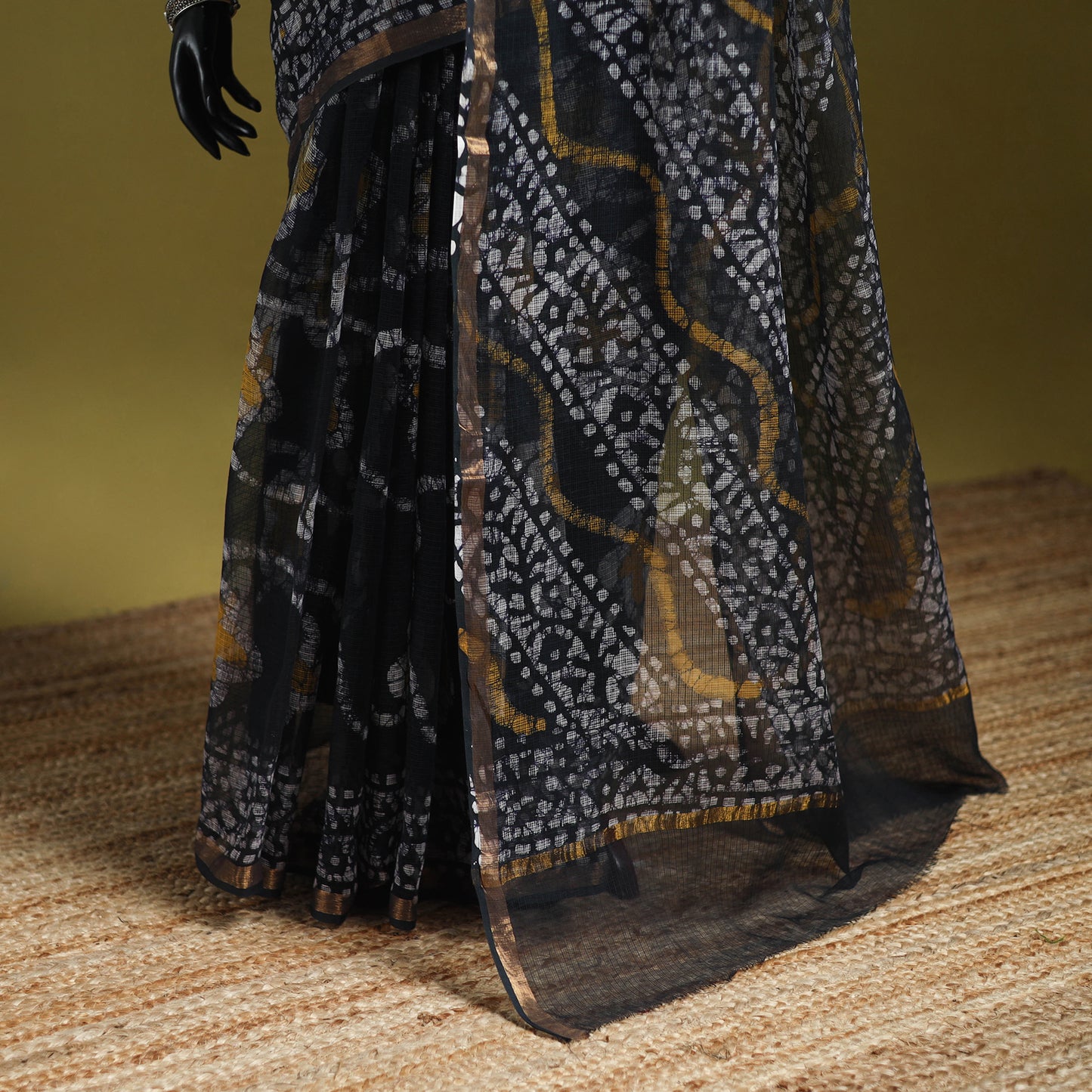 Black - Batik Hand Block Print Kota Doria Cotton Saree 42