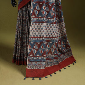 Kutch Hand Block Print Natural Dyed Pure Mul Cotton Ajrakh Saree with Tassels 09