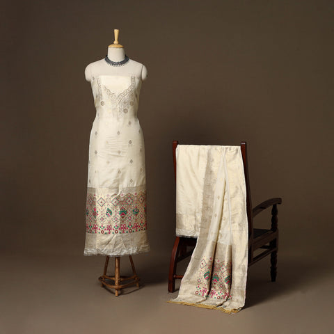 Beige - 3pc bangalore silk paithani dress material 11