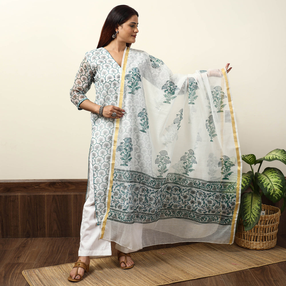 White - Sanganeri Block Printed Kota Doria Kurta with Palazzo & Dupatta Set 12