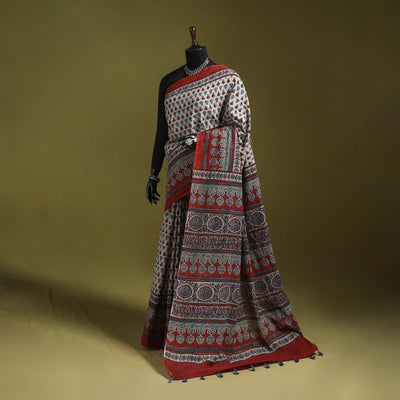 Kutch Hand Block Print Natural Dyed Pure Mul Cotton Ajrakh Saree with Tassels 10