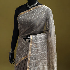 Brown - Batik Hand Block Print Kota Doria Cotton Saree 43