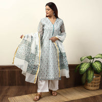 White - Sanganeri Block Printed Kota Doria Kurta with Palazzo & Dupatta Set 12