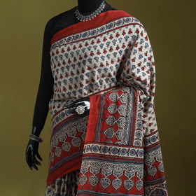 Kutch Hand Block Print Natural Dyed Pure Mul Cotton Ajrakh Saree with Tassels 10