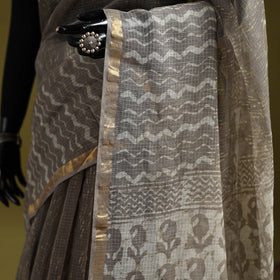 Brown - Batik Hand Block Print Kota Doria Cotton Saree 43
