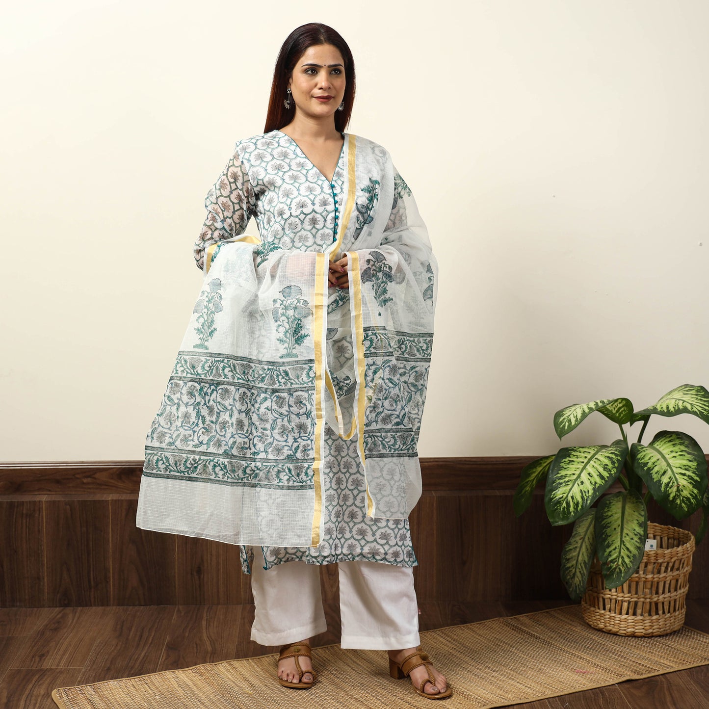 White - Sanganeri Block Printed Kota Doria Kurta with Palazzo & Dupatta Set 12