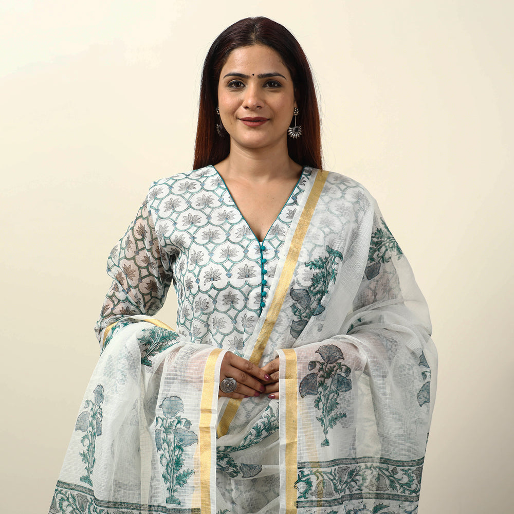 White - Sanganeri Block Printed Kota Doria Kurta with Palazzo & Dupatta Set 12