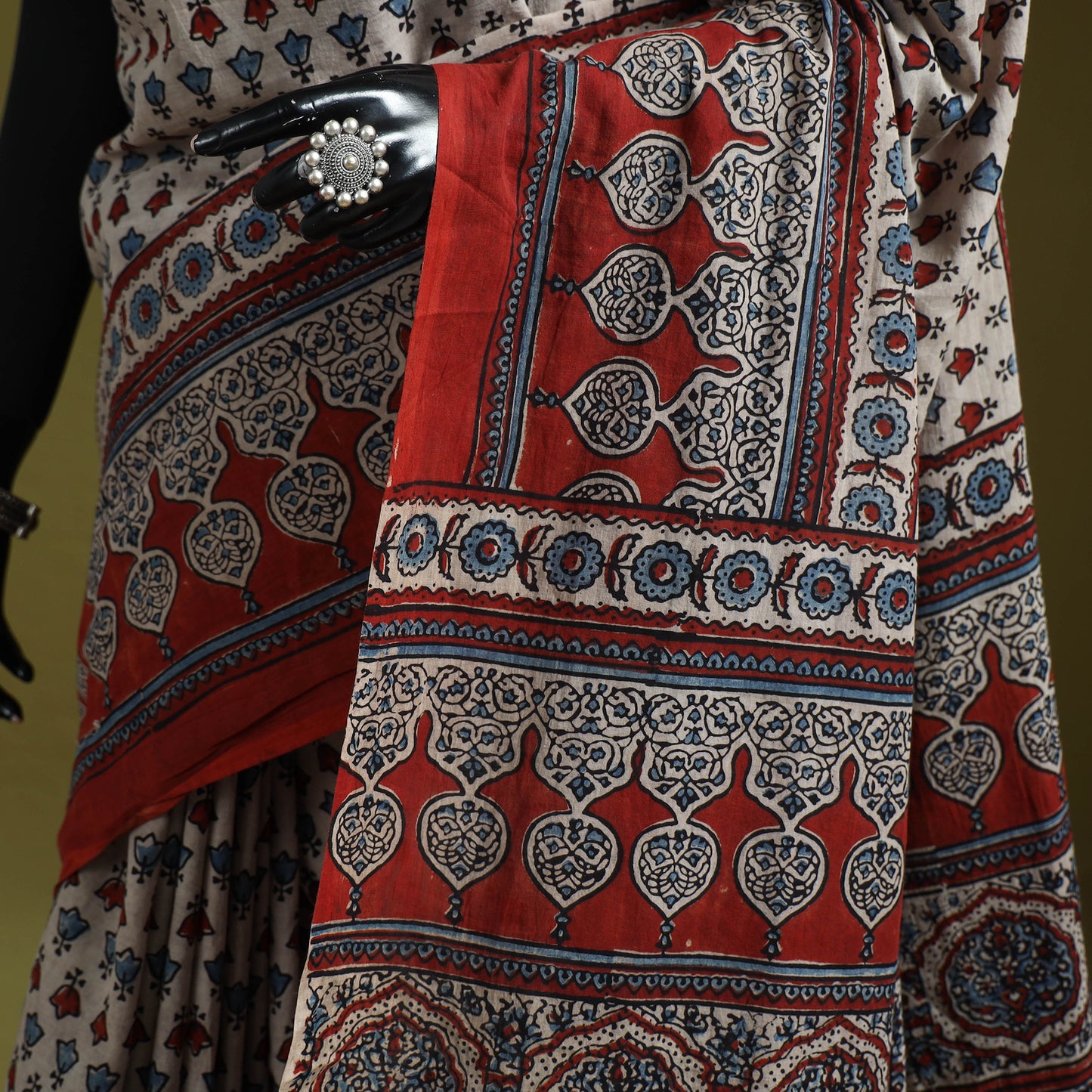 Kutch Hand Block Print Natural Dyed Pure Mul Cotton Ajrakh Saree with Tassels 10