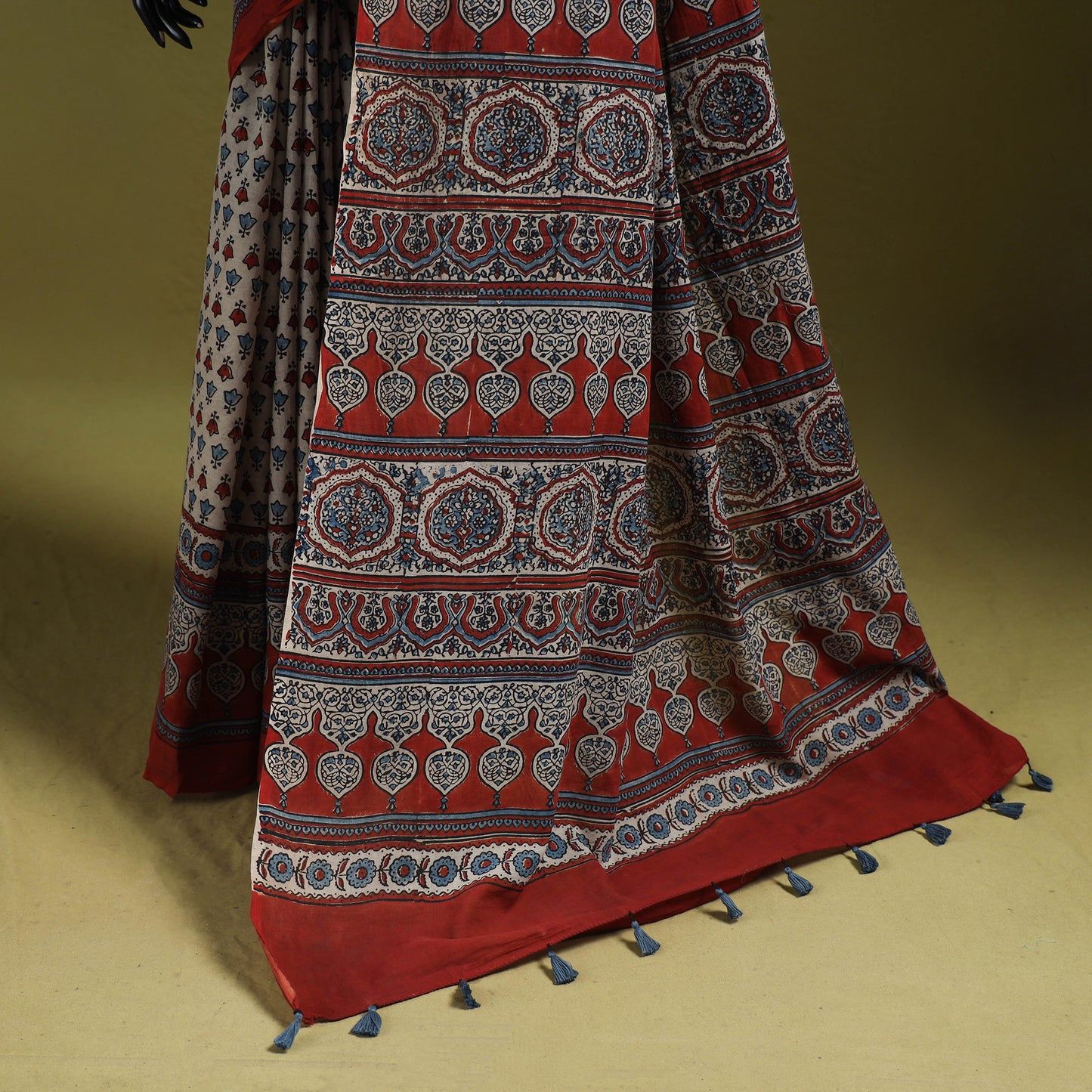 Kutch Hand Block Print Natural Dyed Pure Mul Cotton Ajrakh Saree with Tassels 10