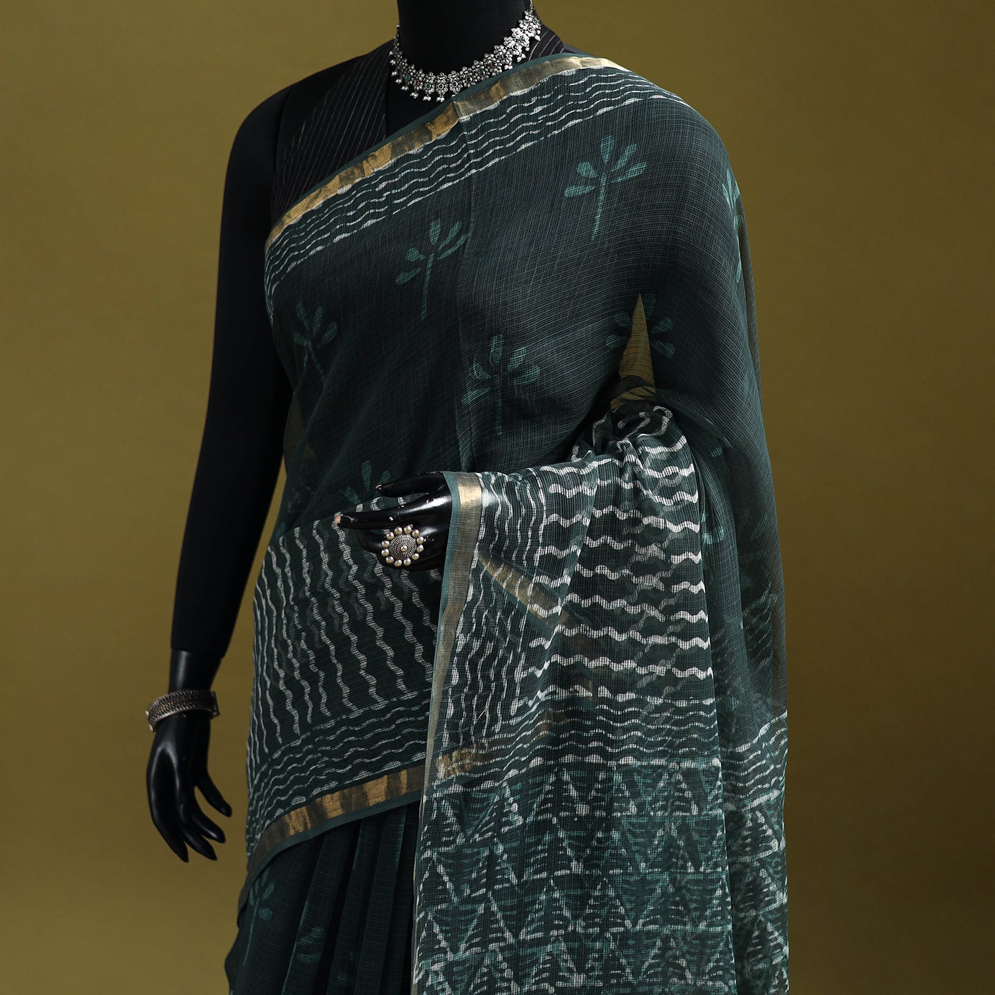 Green - Batik Hand Block Print Kota Doria Cotton Saree 44