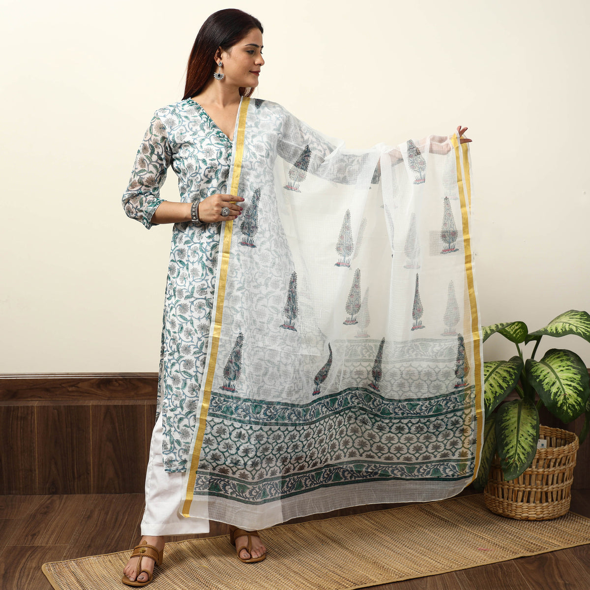 White - Sanganeri Block Printed Kota Doria Kurta with Palazzo & Dupatta Set 09