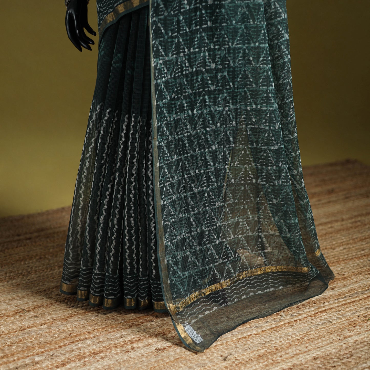 Green - Batik Hand Block Print Kota Doria Cotton Saree 44