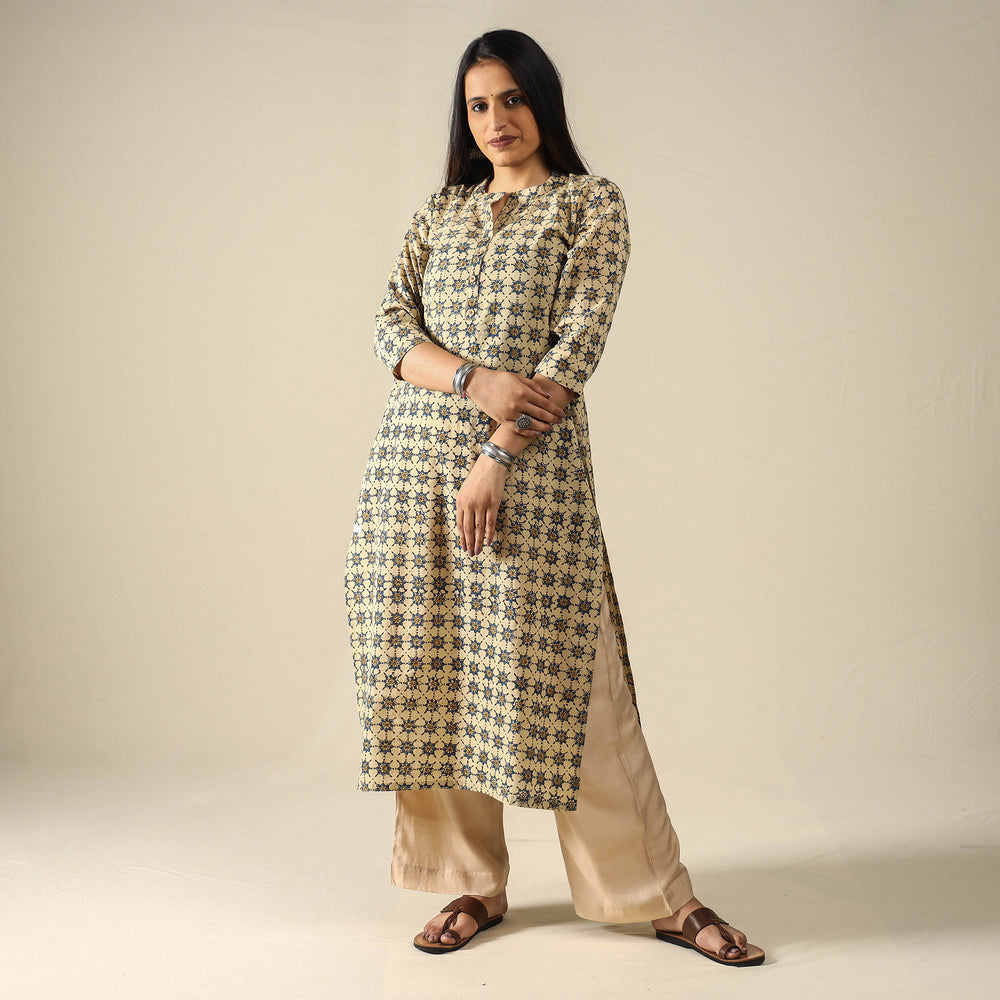 Beige - Ajrakh Block Printed Cotton Long Kurta