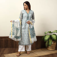 White - Sanganeri Block Printed Kota Doria Kurta with Palazzo & Dupatta Set 09