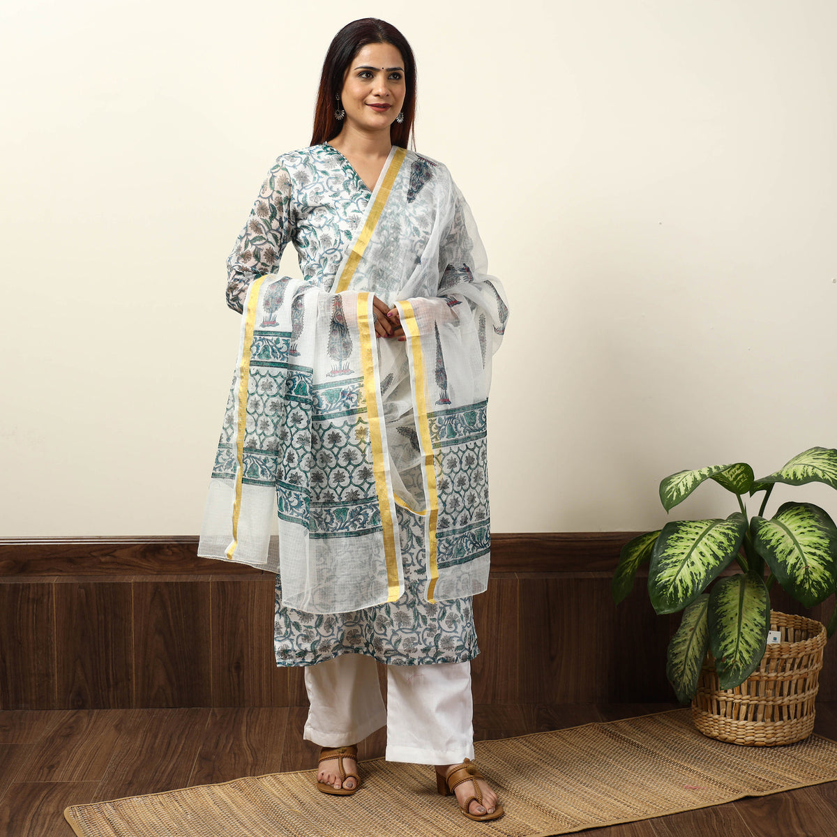 White - Sanganeri Block Printed Kota Doria Kurta with Palazzo & Dupatta Set 09