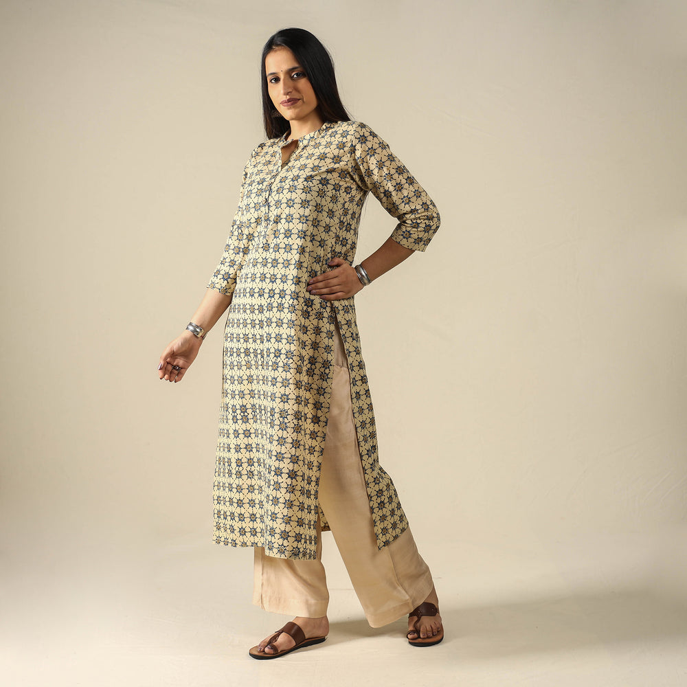 Beige - Ajrakh Block Printed Cotton Long Kurta