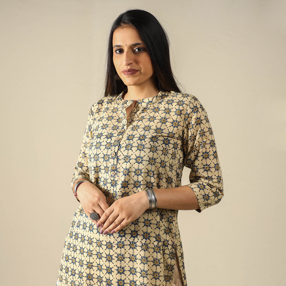 Beige - Ajrakh Block Printed Cotton Long Kurta