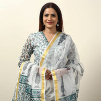 White - Sanganeri Block Printed Kota Doria Kurta with Palazzo & Dupatta Set 09