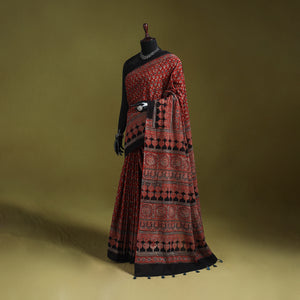 Kutch Hand Block Print Natural Dyed Pure Mul Cotton Ajrakh Saree with Tassels 12