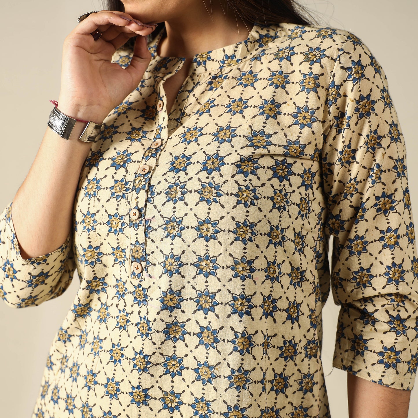 Beige - Ajrakh Block Printed Cotton Long Kurta