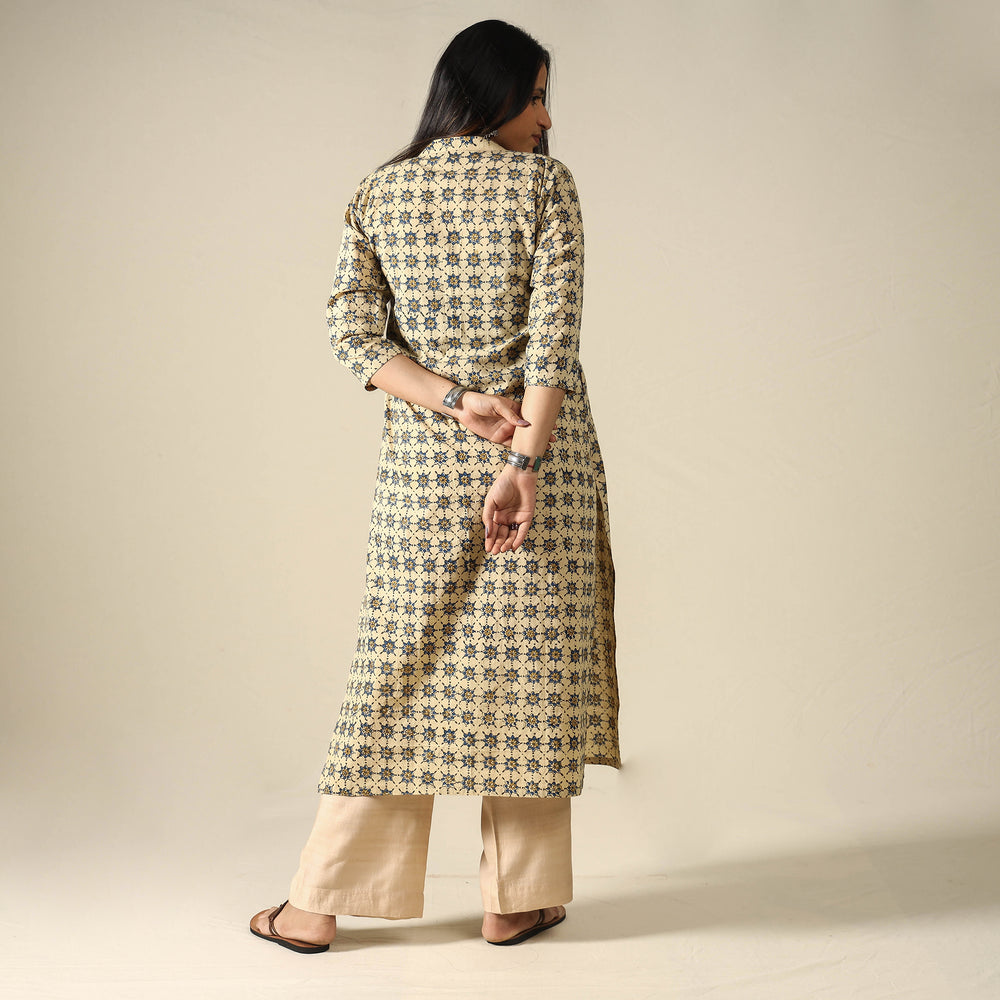 Beige - Ajrakh Block Printed Cotton Long Kurta