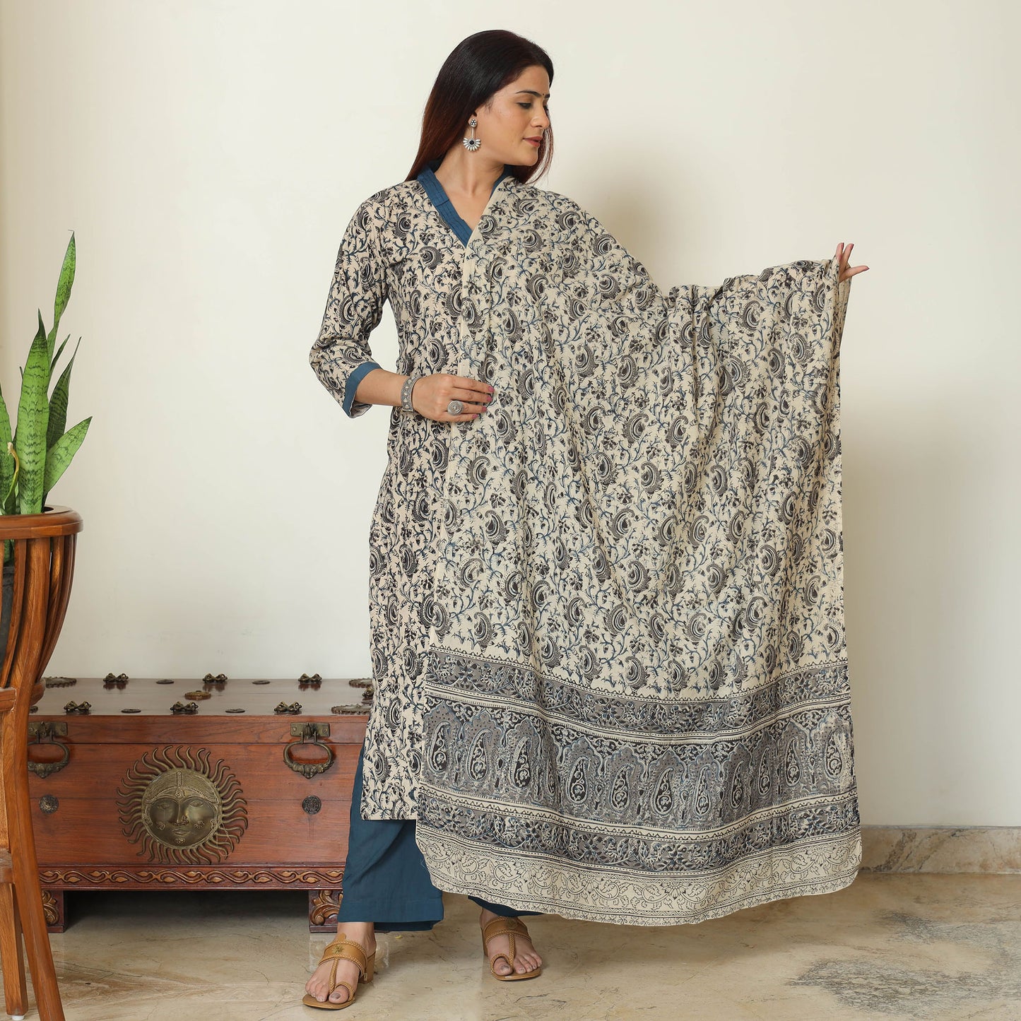 Beige - Pedana Kalamkari Block Printed Cotton Kurta with Palazzo & Dupatta Set 14