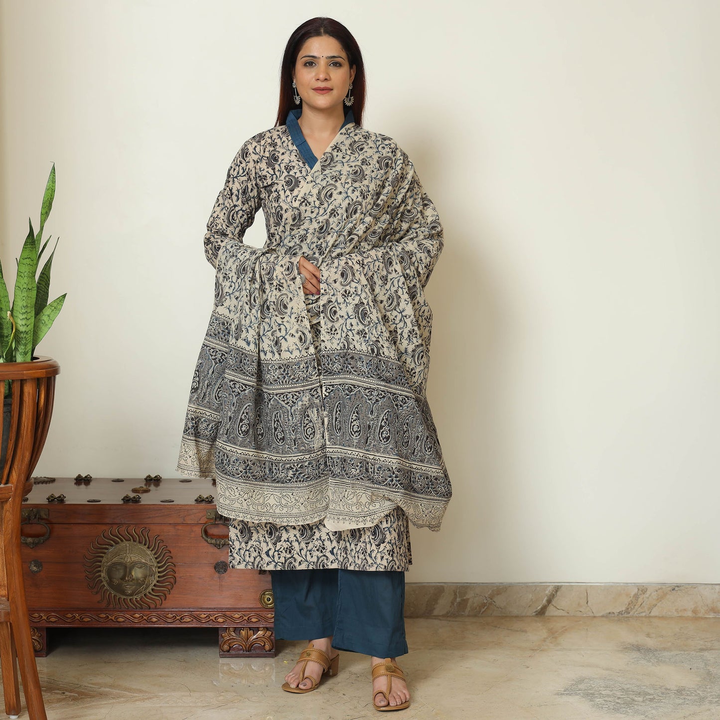 Beige - Pedana Kalamkari Block Printed Cotton Kurta with Palazzo & Dupatta Set 14