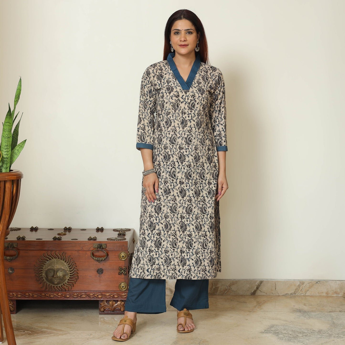 Beige - Pedana Kalamkari Block Printed Cotton Kurta with Palazzo & Dupatta Set 14