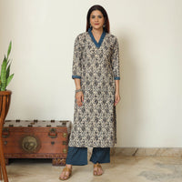 Beige - Pedana Kalamkari Block Printed Cotton Kurta with Palazzo & Dupatta Set 14