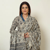 Beige - Pedana Kalamkari Block Printed Cotton Kurta with Palazzo & Dupatta Set 14