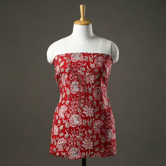 Red - Embroidered Sanganeri Block Print Cotton Kurta Material with Beads - 2.5 Meter