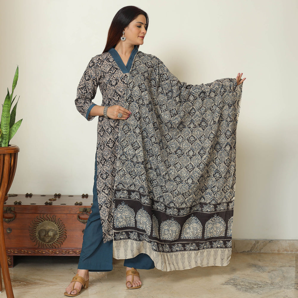 Grey - Pedana Kalamkari Block Printed Cotton Kurta with Palazzo & Dupatta Set 13