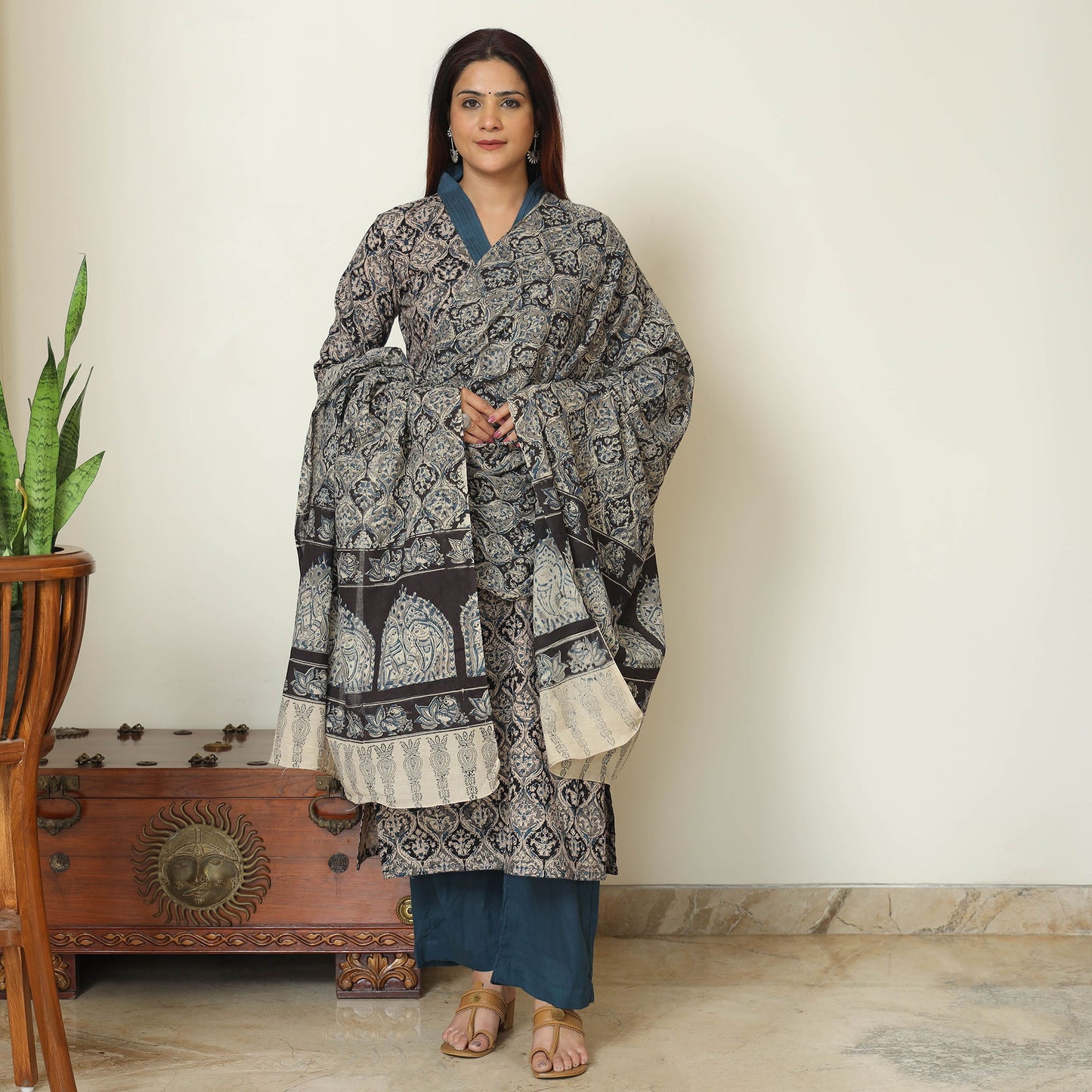 Grey - Pedana Kalamkari Block Printed Cotton Kurta with Palazzo & Dupatta Set 13