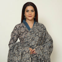 Grey - Pedana Kalamkari Block Printed Cotton Kurta with Palazzo & Dupatta Set 13