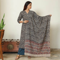 Black - Pedana Kalamkari Block Printed Cotton Kurta with Palazzo & Dupatta Set 12