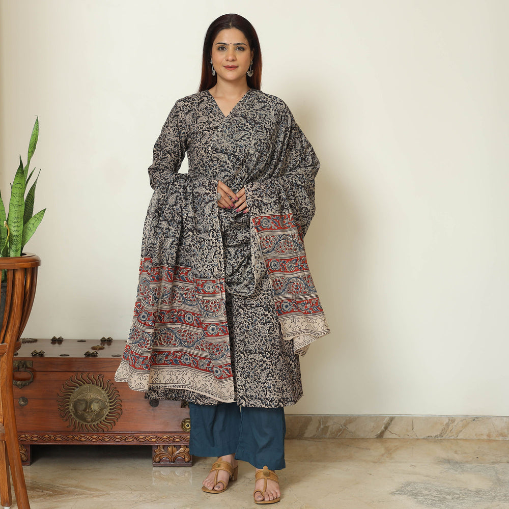 Black - Pedana Kalamkari Block Printed Cotton Kurta with Palazzo & Dupatta Set 12