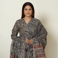 Black - Pedana Kalamkari Block Printed Cotton Kurta with Palazzo & Dupatta Set 12