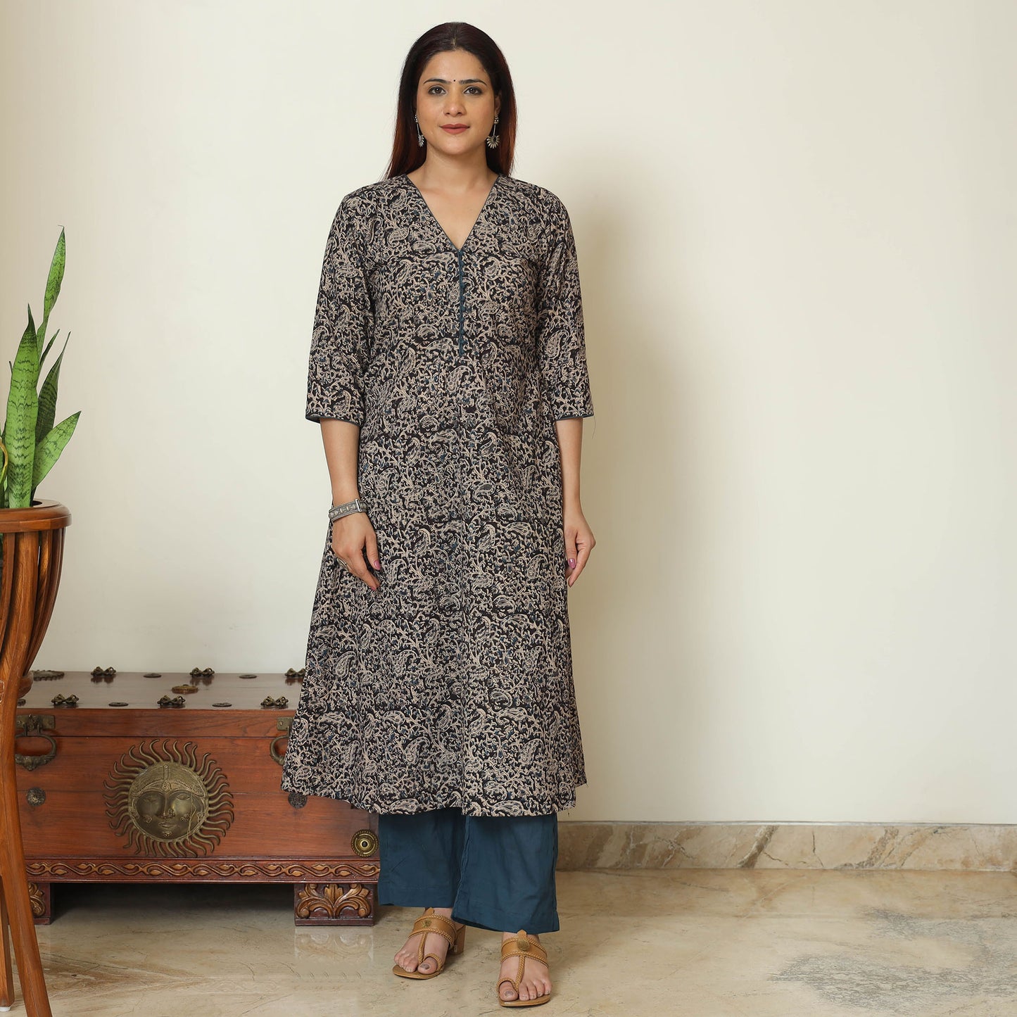 Black - Pedana Kalamkari Block Printed Cotton Kurta with Palazzo & Dupatta Set 12